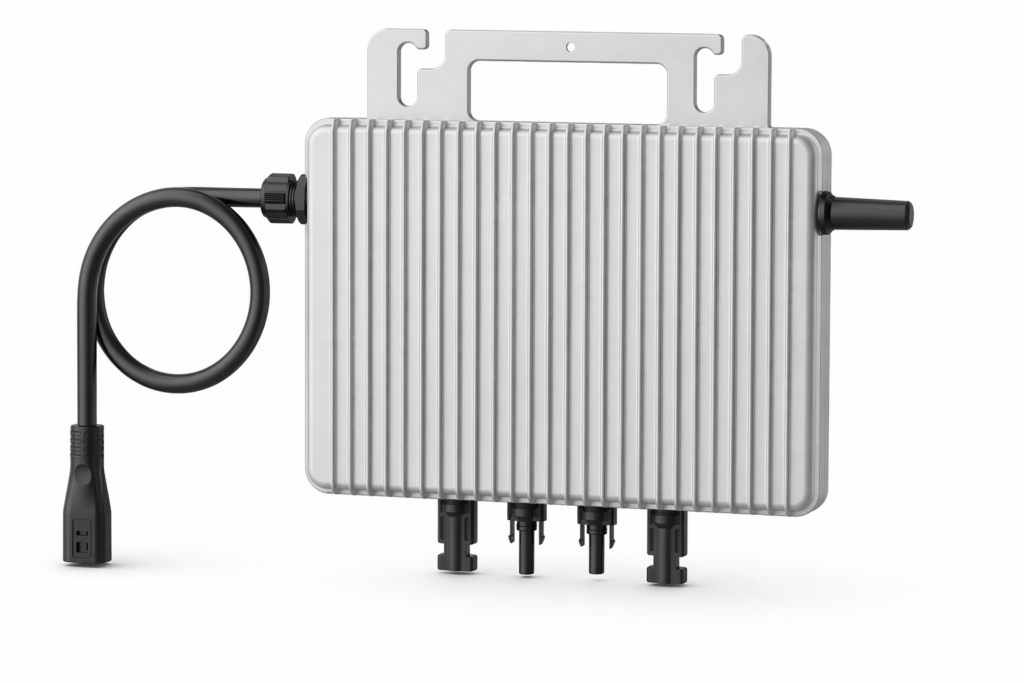 A plug-in solar microinverter showing MC4 panel inputs on the bottom and the AC output cable on the left
