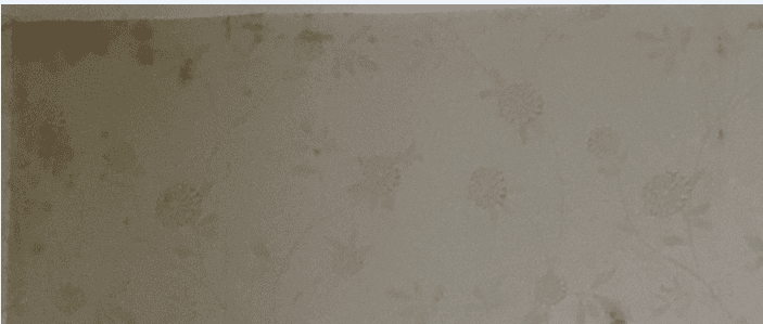 Close-up of cream floral wallpaper showing brown blotchy stains concentrated towards the upper left, with lighter isolated marks across the rest of the surface.