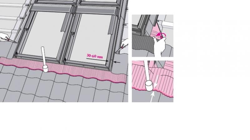 Technical installation diagram showing the correct positioning of a roof window bottom apron flashing over roof tiles, with a 30 to 60 millimetre overlap measurement indicated and detail insets showing correct fixing technique
