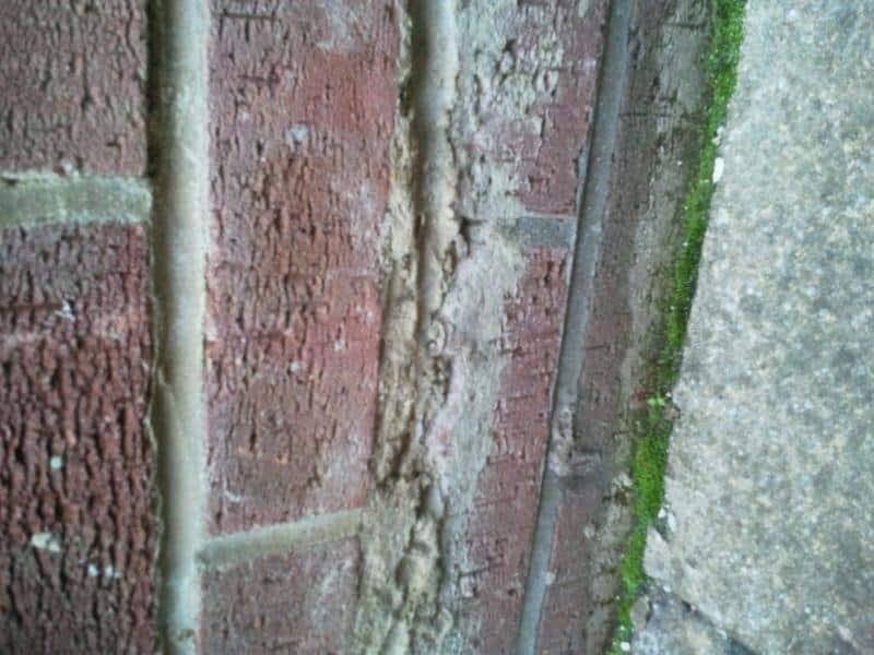 Detail of red brick wall showing spalled brick faces, crumbling mortar, and green moss growth along a vertical joint near a concrete surface