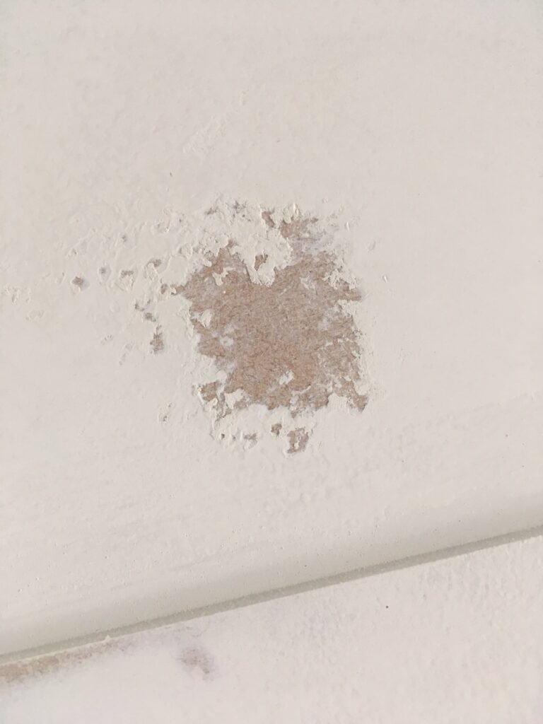 Close-up of a white MDF surface showing a patch where shellac primer has lifted and flaked away, exposing the bare MDF beneath.