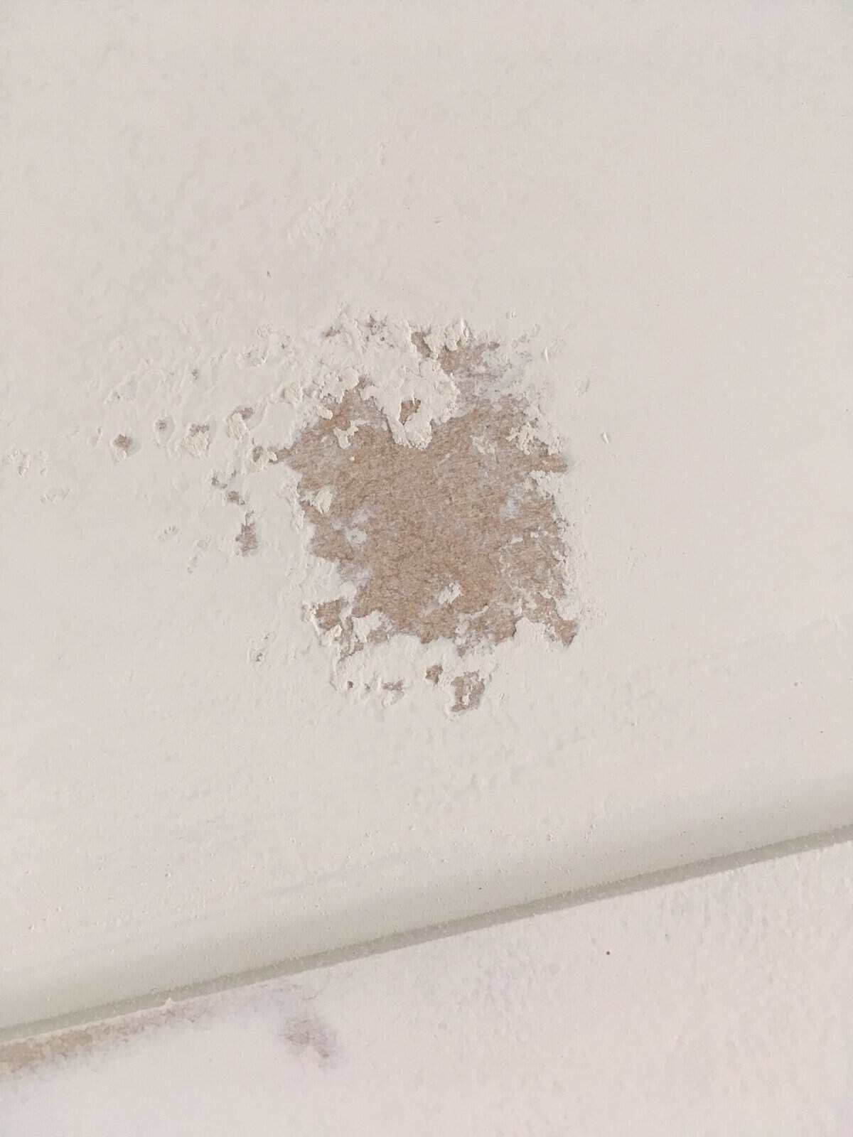 Close-up of a white MDF surface showing a patch where shellac primer has lifted and flaked away, exposing the bare MDF beneath.