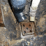 Old square cast-iron floor gully set into cracked concrete in a Victorian side return, with a black plastic soil pipe and a grey waste pipe discharging into it from above.