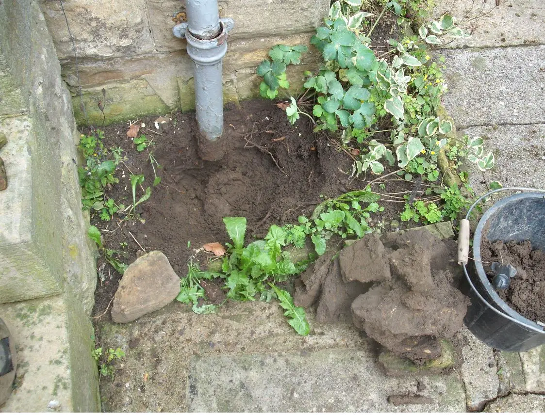 Downpipe after excavating and how I found it was not connected to anything.JPG