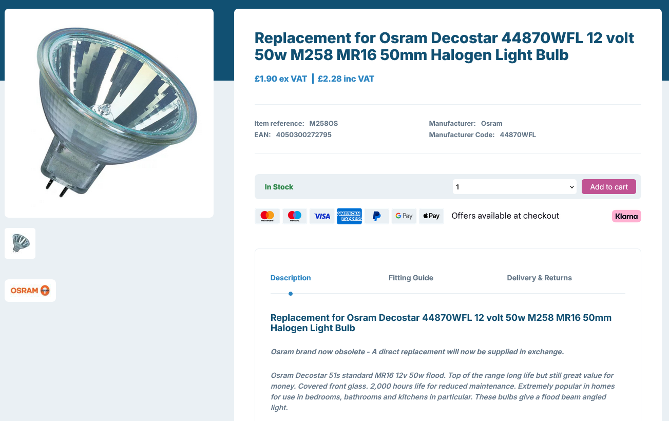 Screenshot 2025-06-16 at 16-57-36 Replacement for Osram Decostar 44870WFL 12 volt 50w M258 MR1...png