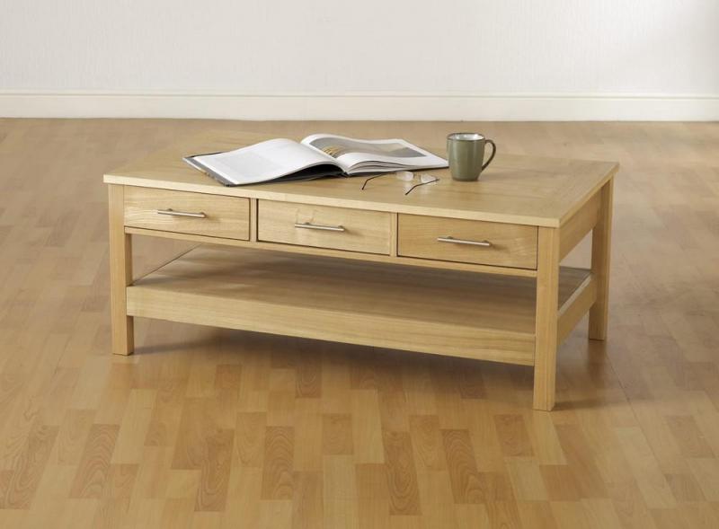 Natural Oak Veneer 3 Drawer Coffee Table