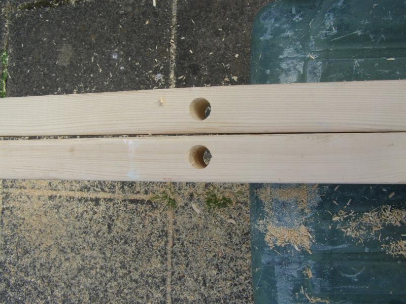 Wood for ladder drilled.